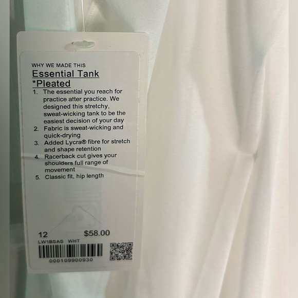🍋NWT Lululemon Essential Tank *Pleated- White/ Size 12 - Picture 6 of 7